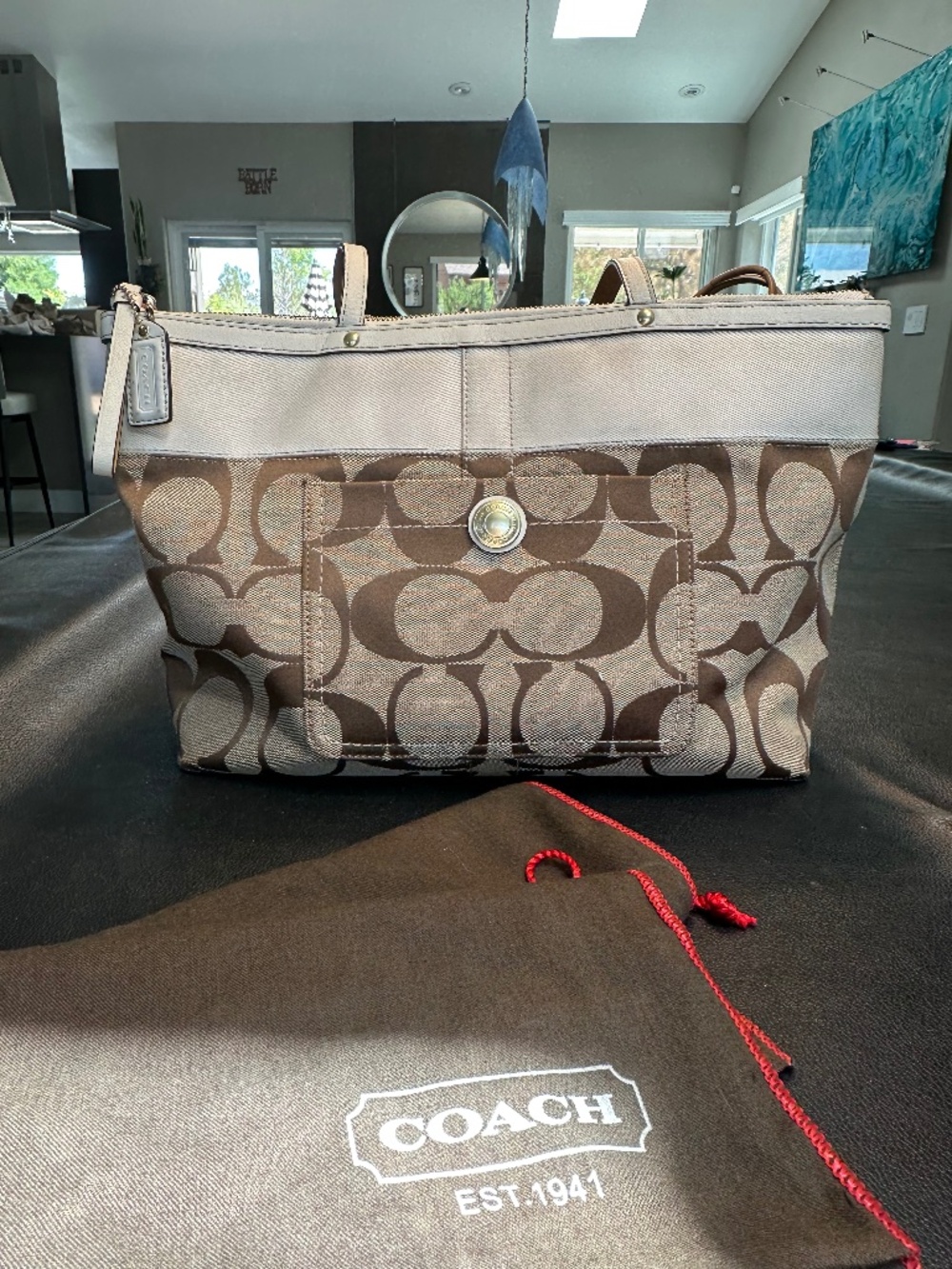 Coach Signature Stripe Tote Khaki Brown Jacquard Canvas Leather Trim + Dust bag